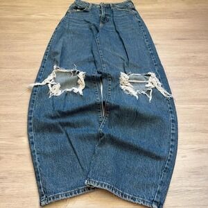2000s Y2K Baggy Blue Wide Leg Ripped Dark Wash Denim Jeans